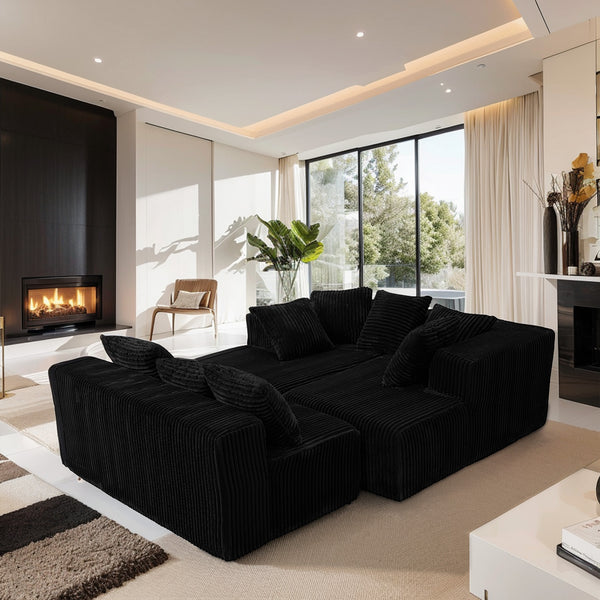 English Elm Modular U-Shaped Sectional Sofa - 4-Seater Reversible Chaise In Black Corduroy For Modern Living Spaces W3276S00015