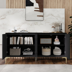 English Elm 60" Modern Handleless Sideboard Buffet Cabinet with Push-to-Open Doors, Carved Black Credenza, Adjustable Shelves, 220lb Top Load, Solid Wood MDF Storage for Living Room Entryway W2696P279985
