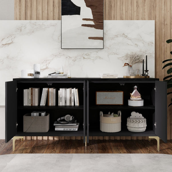 English Elm 60" Modern Handleless Sideboard Buffet Cabinet with Push-to-Open Doors, Carved Black Credenza, Adjustable Shelves, 220lb Top Load, Solid Wood MDF Storage for Living Room Entryway W2696P279985