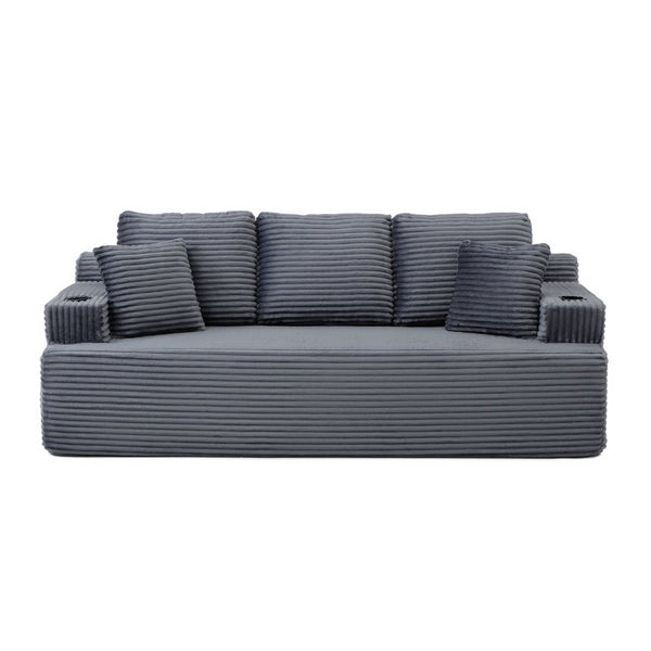 English Elm Boneless Floor Sofa Corduroy Upholstered 5 Seat Low Profile with Cup Holders for Living Room Grey W1117S00436