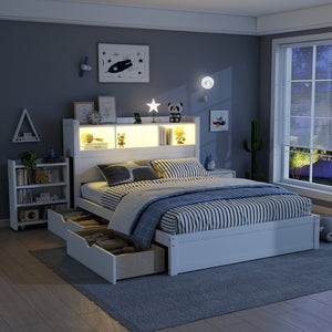 English Elm Twin Wood Storage Bed with Led Headboard Drawers and Pull Out Cabinet for Kids White W2593S00050