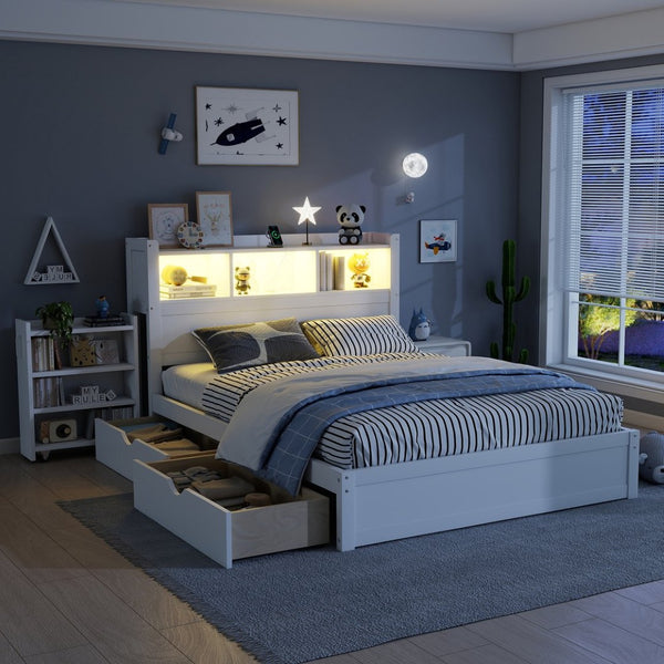 English Elm Twin Wood Storage Bed with Led Headboard Drawers and Pull Out Cabinet for Kids White W2593S00050