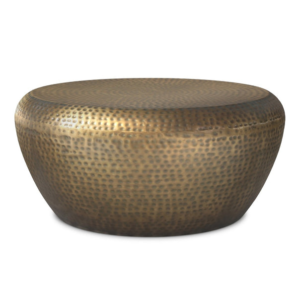 English Elm Preston Hand-hammered Iron Drum Coffee Table Antique Gold Sculptural Living Room Accent B136P429084