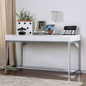 English Elm Modern High Gloss Computer Desk 54"L with Built‑in USB, Chrome Frame, Low‑Profile No‑Show Drawers B2741P340567