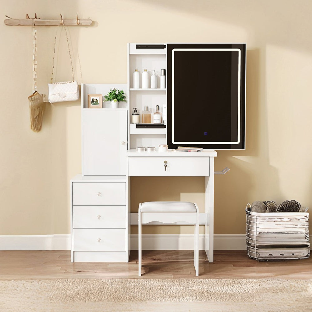 English Elm Vanity Desk with Lighted Sliding Mirror Hidden Storage and Cushioned Stool White Bedroom W2700P369513