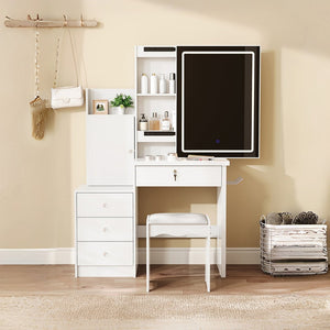 English Elm Vanity Desk with Lighted Sliding Mirror Hidden Storage and Cushioned Stool White Bedroom W2700P369513