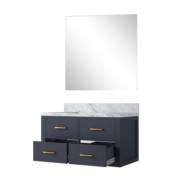 English Elm Blue Single Bath Vanity with Carrara Marble Top, Soft-Close Drawers & 34" Frameless Mirror, 36" B2731S01434