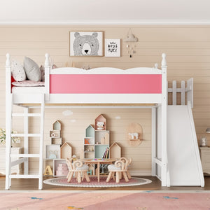 English Elm Queen Solid Pine Loft Bed with Wardrobe Shelves Detachable Slide and Dual Sleeping Zones Pink,White W5305S00026