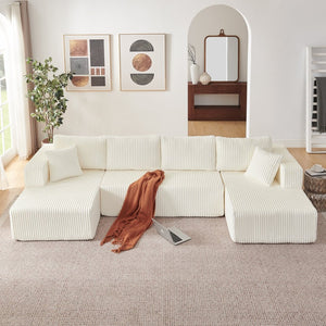 English Elm 132" U-shaped Modular Corduroy Sectional with Deep Foam Cushions for Living Room Beige W5802S00002
