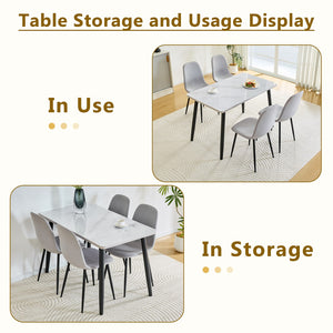 English Elm Table and Chair Set Modern Marble Glass Top Dining for Four with Linen Upholstered Seats W1151S04626