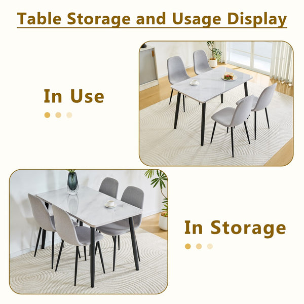 English Elm Table and Chair Set Modern Marble Glass Top Dining for Four with Linen Upholstered Seats W1151S04626