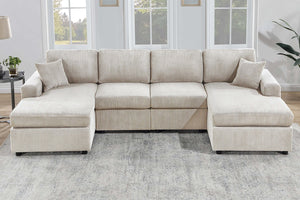 English Elm Modern Corduroy Three Piece Sectional Sofa with Chaise for Contemporary Living Rooms Ivory B011S02186