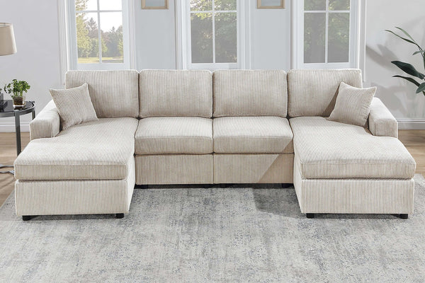 English Elm Modern Corduroy Three Piece Sectional Sofa with Chaise for Contemporary Living Rooms Ivory B011S02186
