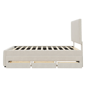 English Elm Full Upholstered Platform Bed with Twin Trundle and 3 Drawers, Linen Comfort, Sturdy Wood Frame Beige SF000249AAA