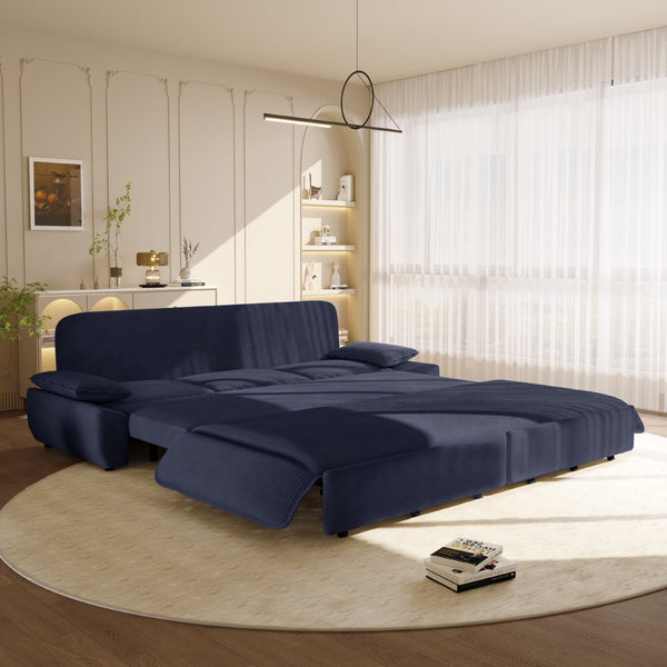 English Elm 94.5" King Convertible Sleeper Sofa Corduroy Upholstered Chaise Lounge Guest Room Bed Blue W1885S00310