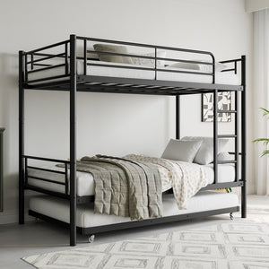 English Elm Twin Twin Bunk Bed with Trundle, Metal Frame Twin-Over-Twin Space-Saving Bunkbeds w/ Ladder & Guardrail W840P196829