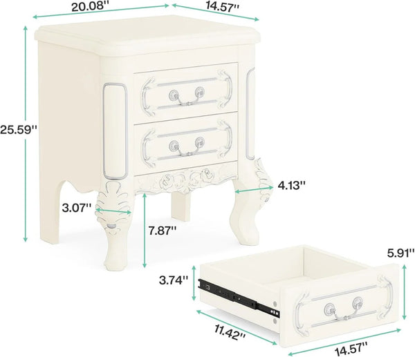 English Elm Elegant Hand-carved Nightstand with Silver Painted Edges and Two Drawer Storage T3971P458373