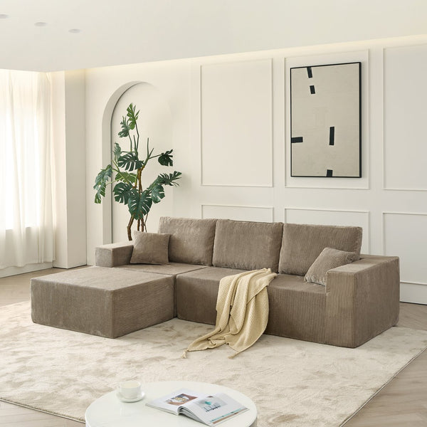 English Elm 110" Cloud Modular Sectional Sofa Boneless Corduroy 3-Seater with Ottoman & 2 Pillows, No Assembly, Luxurious Comfort Grey W2656S00009