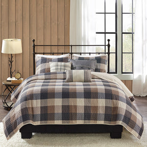 English Elm 6 Piece Reversible Herringbone Quilt Set With Cozy Buffalo Plaid & Embroidered Pillows - Full/Queen B03597577