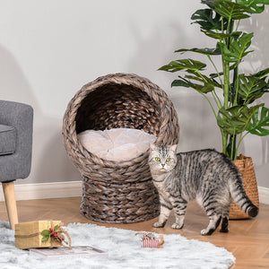 English Elm PawHut Elevated Handwoven Cat Bed with Plush Cushion, Egg-Shaped Cozy Hideaway on Stand for Cats Gray W2225P173748
