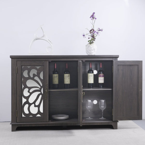 English Elm 49.33" Mirrored Lattice Buffet Cabinet with Adjustable Shelves Vintage Wood Grain Sideboard Dark Brown W2899P372741