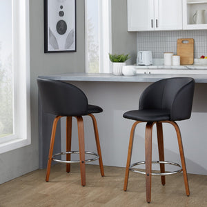 English Elm Fixed-height Swivel Counterstools Walnut Legs Faux Leather Mid-century Kitchen Pair B202S01770