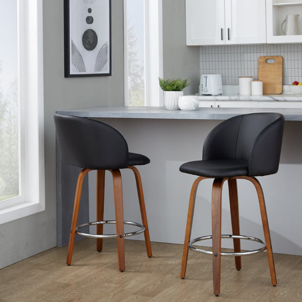 English Elm Fixed-height Swivel Counterstools Walnut Legs Faux Leather Mid-century Kitchen Pair B202S01770
