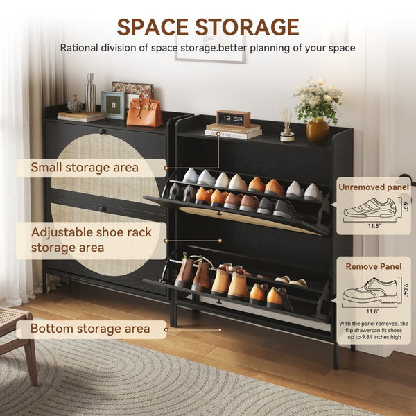 English Elm 2-drawer Rattan Front Shoe Cabinet Slim Entryway Organizer with Walnut Mdf Frame W5221P414214