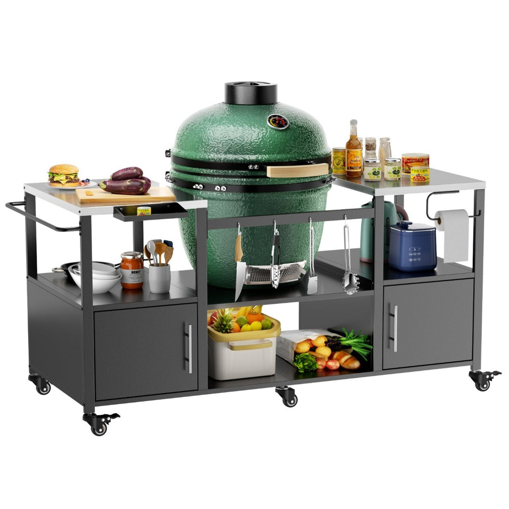 English Elm Outdoor Heavy Duty Steel Kamado Grill Cart with Locking Casters and Storage Boxes W3190P305792
