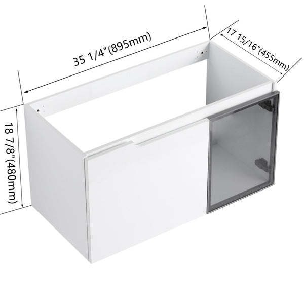 English Elm 36" Floating Bathroom Vanity Glossy White Frosted Glass Soft Close Plywood Cabinet W999P387170