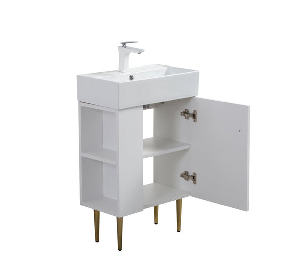 English Elm 21.6" Compact Bathroom Vanity Base White Finish Gold Hardware Open Shelf Storage W1573P224390