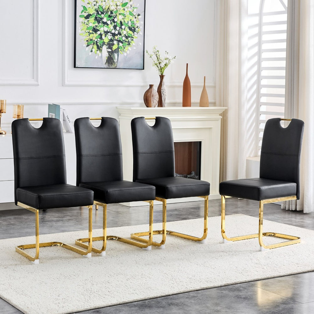 English Elm Modern Cantilever Gold Frame Pu Leather Dining Chairs Glam Set of Four Black W3875P372986