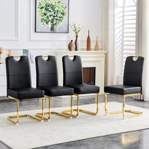 English Elm Modern Cantilever Gold Frame Pu Leather Dining Chairs Glam Set of Four Black W3875P372986