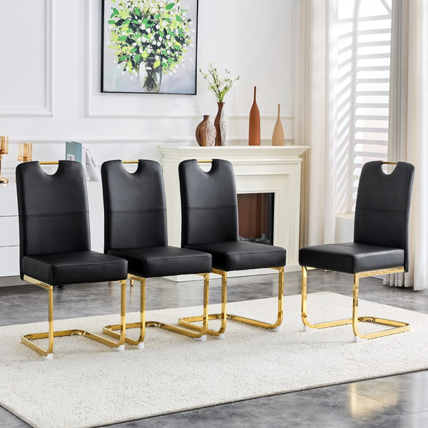 English Elm Modern Cantilever Gold Frame Pu Leather Dining Chairs Glam Set of Four Black W3875P372986