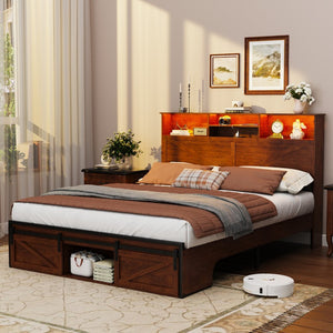 English Elm Farmhouse Queen Bed with Storage Headboard Led Lighting and Built in Charging Station W1550P343688