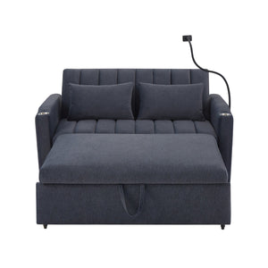 English Elm 55.9" Convertible Sofa Bed Loveseat with 3 USB Ports, Cup Holders, Side Pockets & 360° Phone Swivel Blue-gray WF322620AAC