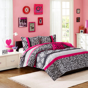 JLA Home Mi Zone - Comforter bold black white and pink damask, zebra and polka dot mix with antimicrobial freshness protection 102 L x 90 W x 1H MZ10-484