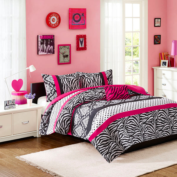 JLA Home Mi Zone - Comforter bold black white and pink damask, zebra and polka dot mix with antimicrobial freshness protection 102 L x 90 W x 1H MZ10-484