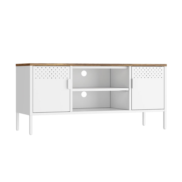 English Elm Landen 47" Metal Storage Cabinet with Wood Top and Cable Management — Sleek Industrial TV Console, Adjustable Legs White B365P397849