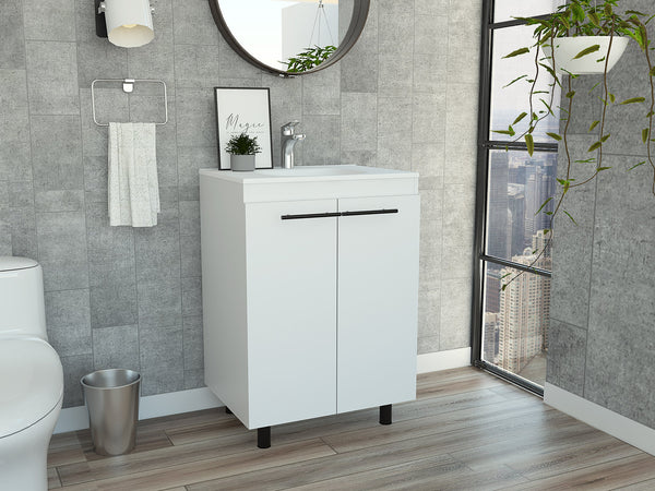 English Elm Selma 60" Freestanding Vanity Cabinet with Division – Durable Particle Board Build, Drop-In One-Hole Sink, Stylish Bathroom Storage and Modern Design White 28 L x 22 W x 7 H B128S00076