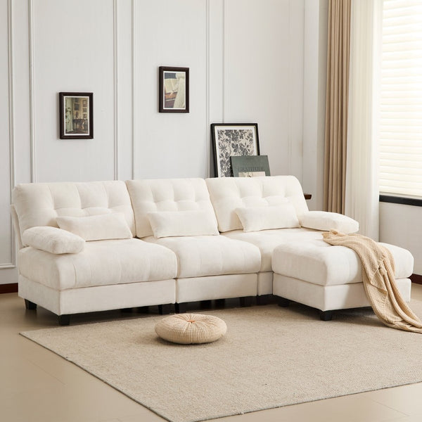 English Elm Ottoman and Chenille Sofa Set with Adjustable Backrest for Relaxed Living Room Comfort Beige W2606P359224