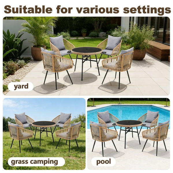 English Elm 5-piece Outdoor Wicker Dining Set with Round Glass Table and Cushioned Rattan Chairs Gray T5880S00012