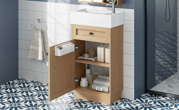 English Elm 18.5" Rustic Bathroom Vanity with Reversible Resin Sink, Wood Grain Melamine, Soft-Close Door, Adjustable Shelf N729P285512N