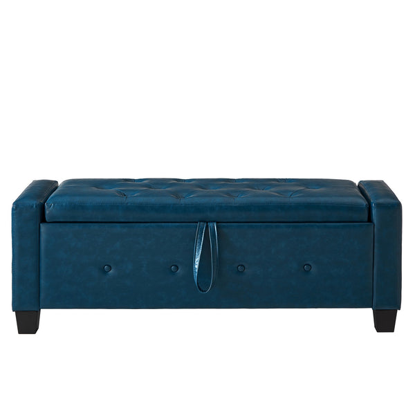 English Elm 48" Storage Ottoman Bench with Tufted Faux Leather Upholstery, Solid Wood Frame & 300lb Capacity Blue W1097P338780