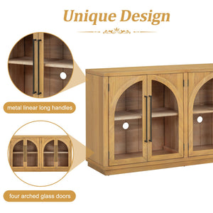 English Elm TREXM Arched 4-Door Large Storage Sideboard Buffet Cabinet with Glass Doors, Adjustable Shelves and Cable Management Natural Wood N715P290642E