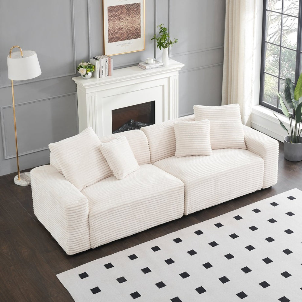 English Elm 104.72-inch Four Seat Beige Corduroy Sofa with Pillows for Spacious Living Rooms W1658P328857