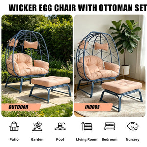 English Elm Double Wicker Egg Chair with Ottoman Bohemian Two Person Outdoor Lounge Seat T5880P501479