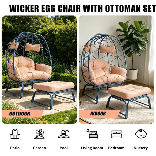 English Elm Double Wicker Egg Chair with Ottoman Bohemian Two Person Outdoor Lounge Seat T5880P501479