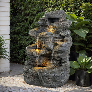 English Elm Christopher Knight Home® - 5-Tiered Concrete Fountain Slim Column with LED Lighting, Weather-Resistant Modern Garden Accent, Space-Saving 디자인 N765P324556G