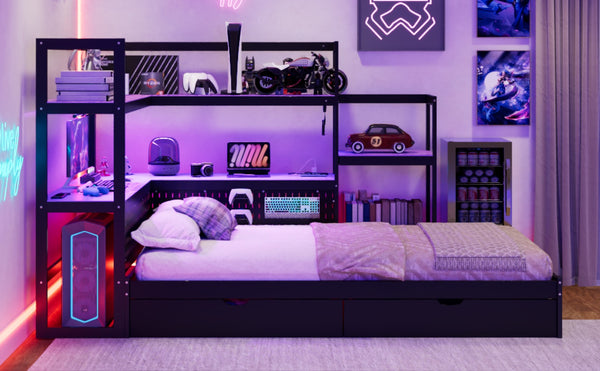 English Elm Twin Gaming Daybed with Led Strips Desk Pegboard Bookcase and Three Storage Drawers Purple+Black N820S00083I